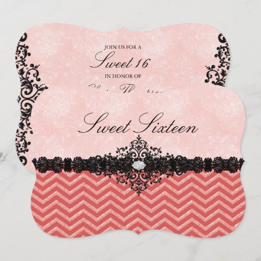 Koraal Glitter Chevron & Damask Sweet16 Uitnodigin Kaart (Voorkant / Achterkant)