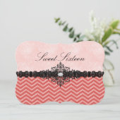 Koraal Glitter Chevron & Damask Sweet16 Uitnodigin Kaart (Staand voorkant)