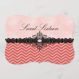 Koraal Glitter Chevron & Damask Sweet16 Uitnodigin Kaart