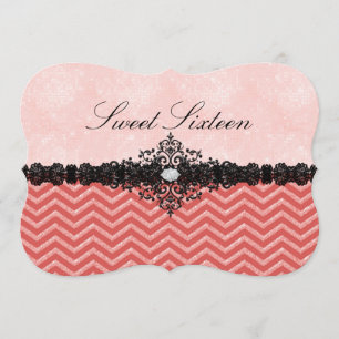 Koraal Glitter Chevron & Damask Sweet16 Uitnodigin Kaart