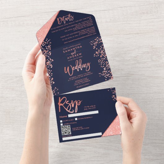 Koraal glitter confetti navy blauwe bruiloft all in one uitnodiging (Afscheurbaar)