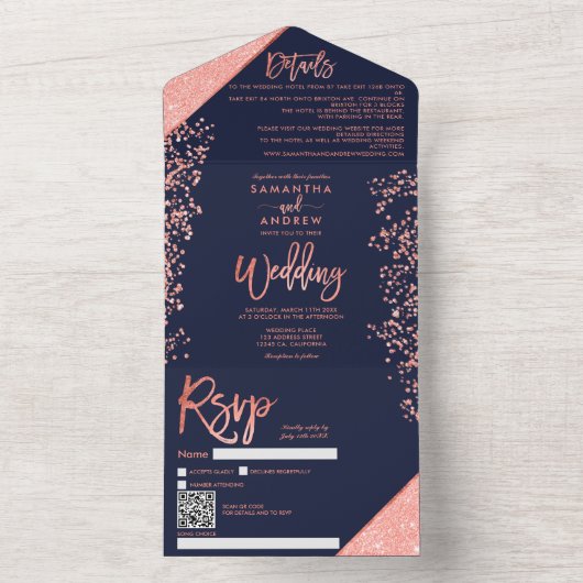 Koraal glitter confetti navy blauwe bruiloft all in one uitnodiging (Binnen)