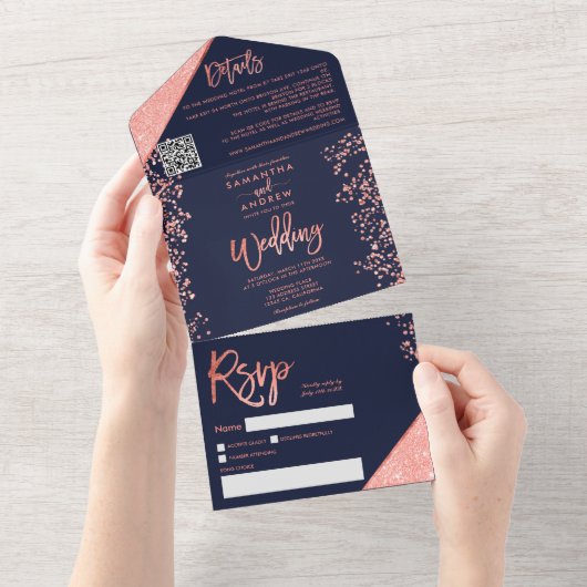 Koraal glitter confetti navy blauwe bruiloft all in one uitnodiging (Afscheurbaar)