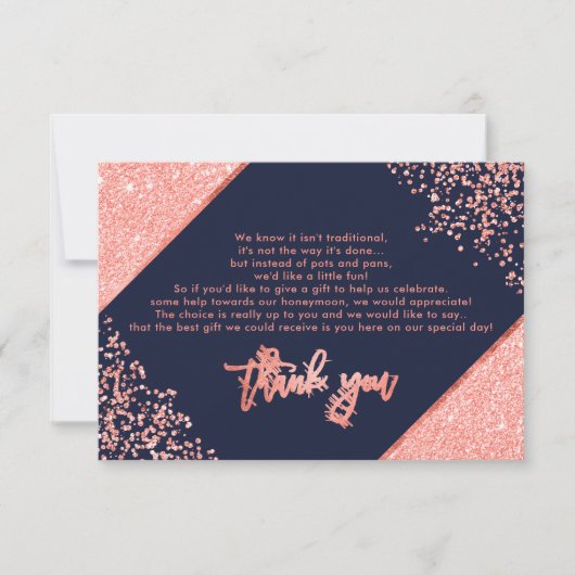 Koraal glitter confetti navy blauwe bruiloft dank  kaart (Voorkant)