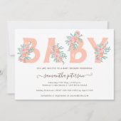 Koraal glitter floral waterverf letter baby shower kaart (Voorkant)