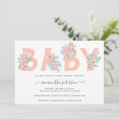 Koraal glitter floral waterverf letter baby shower kaart (Staand voorkant)