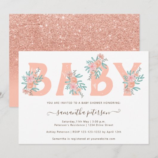 Koraal glitter floral waterverf letter baby shower kaart (Voorkant / Achterkant)