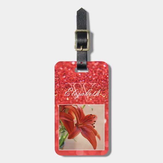 Koraal Glitter Initiaal Monogram Aangepast Lily Fo Bagagelabel (Voorkant verticaal)