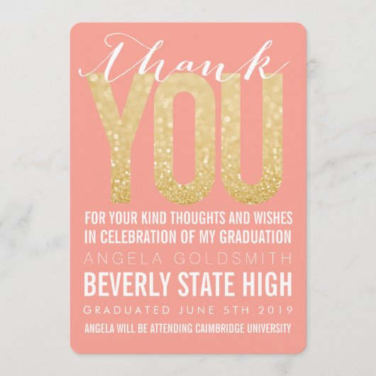 Koraal Glitter Typografie Afstuderen Hartelijk dan Bedankkaart (Voorkant)