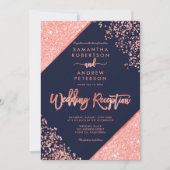 Koraal glitterserpentine navyblauw huwelijksfeest kaart (Voorkant)