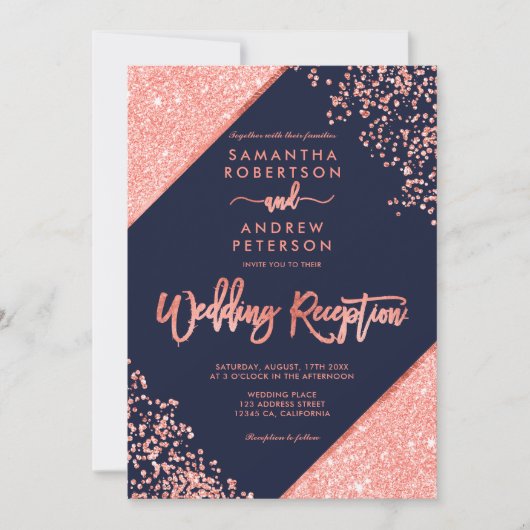 Koraal glitterserpentine navyblauw huwelijksfeest kaart (Voorkant)