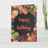 Koraal, goud en grijze bloemen - Birthday Kaart