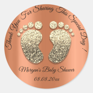 Koraal goud Glitter Feet Baby shower Favor Dank je Ronde Sticker
