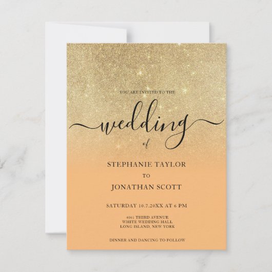 Koraal goud glitter zwart script ombre bruiloft kaart (Voorkant)