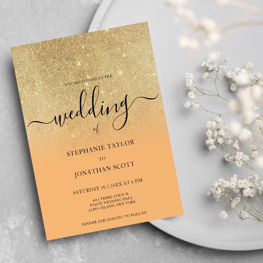 Koraal goud glitter zwart script ombre bruiloft kaart