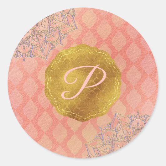 Koraal Goud Marokkaanse Glam Monogram Bruiloft Fav Ronde Sticker (Voorkant)