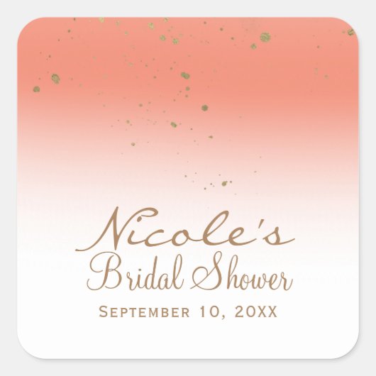 Koraal & Goud Moderne Bruiloftsshower Feest Glamou Vierkante Sticker (Voorkant)