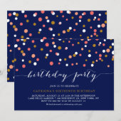 Koraal & Gouden Confetti Stippen Blauwe Verjaardag Kaart (Voorkant / Achterkant)