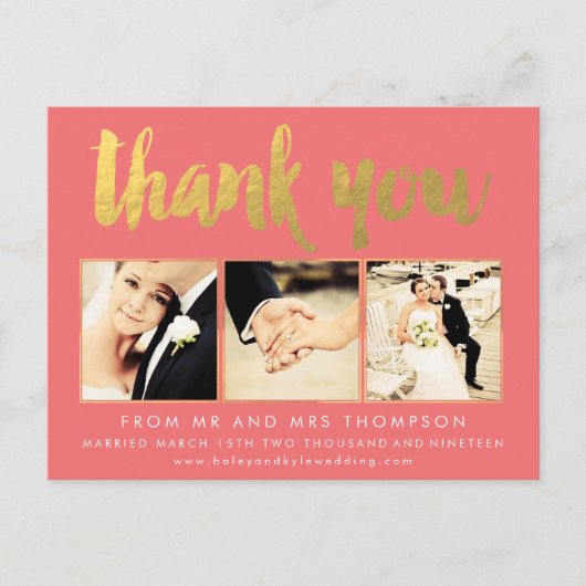Koraal Gouden Folie Dank u Script Typografie Foto Briefkaart (Voorkant)