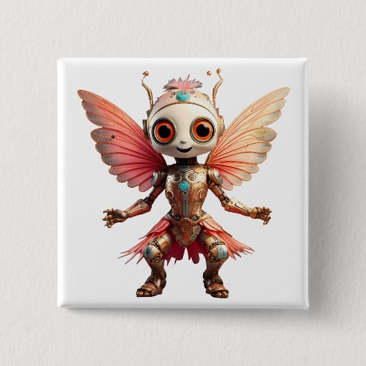 Koraal Gouden Schattige Dansende Robot Pixie Vierkante Button 5,1 Cm (Voorkant)