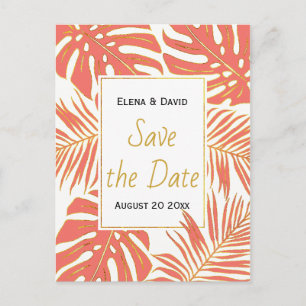 Koraal, gouden tropische bladeren bruiloft Save th Aankondigingskaart