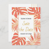 Koraal, gouden tropische bladeren bruiloft Save th Aankondigingskaart (Voorkant / Achterkant)