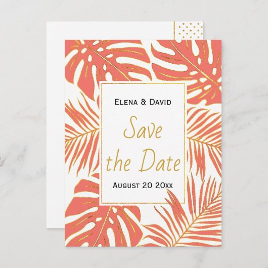 Koraal, gouden tropische bladeren bruiloft Save th Aankondigingskaart (Voorkant / Achterkant)