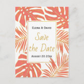 Koraal, gouden tropische bladeren bruiloft Save th Aankondigingskaart (Voorkant)