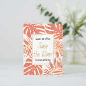 Koraal, gouden tropische bladeren bruiloft Save th Aankondigingskaart (Staand voorkant)