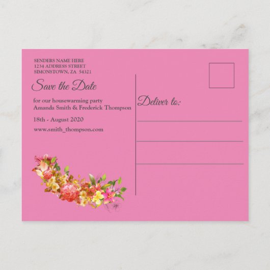 Koraal, gras en pony-roze bloei aankondigingskaart (Achterkant)