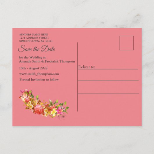 Koraal, gras en pony-roze bloei aankondigingskaart (Achterkant)