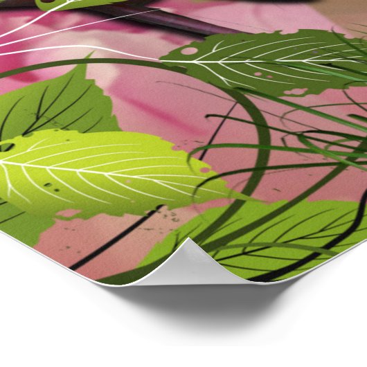 Koraal, gras, pony-roze bloei en vlamingos poster (Hoek)