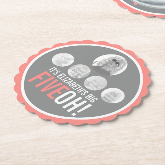 Koraal grijs 50th FIVEOH! vijf foto's verjaardag Kartonnen Onderzetters (Gekanteld)