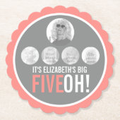 Koraal grijs 50th FIVEOH! vijf foto's verjaardag Kartonnen Onderzetters (Voorkant)