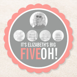 Koraal grijs 50th FIVEOH! vijf foto's verjaardag Kartonnen Onderzetters