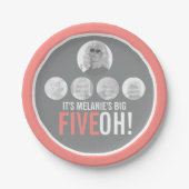 Koraal grijs 50th FIVEOH! vijf foto's verjaardag Papieren Bordje (Voorkant)