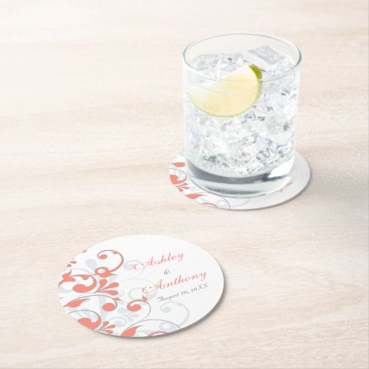 Koraal Grijs Abstract Bloemen Gepersonaliseerde br Ronde Kartonnen Onderzetter (Insitu)