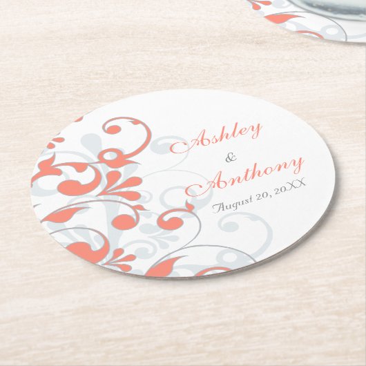Koraal Grijs Abstract Bloemen Gepersonaliseerde br Ronde Kartonnen Onderzetter (Gebogen)