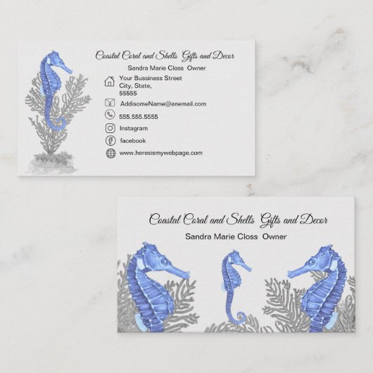 Koraal Grijs Blauw Zeepaardje Eenvoudige Kust Visitekaartje (Voorkant / Achterkant)