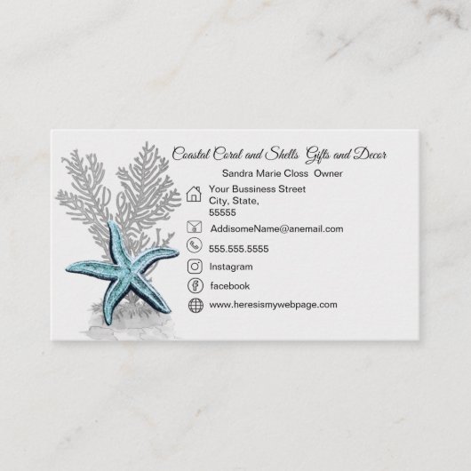 Koraal Grijs Blauw Zeester Eenvoudige Kust Visitekaartje (Voorkant)
