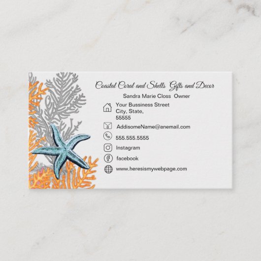 Koraal Grijs Blauwgroen Zeester Eenvoudige Kust Visitekaartje (Voorkant)