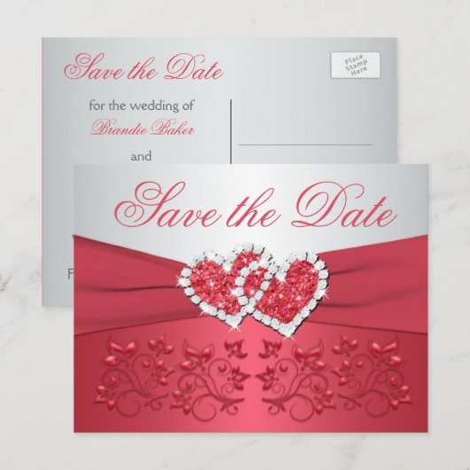 Koraal, Grijs Bloemharten Save the Date Briefkaart (Voorkant / Achterkant)