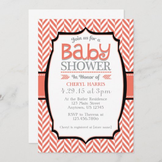 Koraal Grijs Herringbone Baby Douche Uitnodigingen (Voorkant / Achterkant)