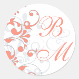 Koraal, Grijs, Wit Abstract Bloemen Envelopzegel Ronde Sticker