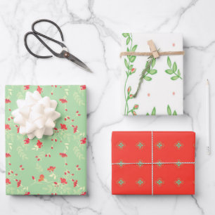 Koraal, Groen en Witte Bloemen Inpakpapier Vel