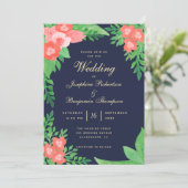 Koraal, Groen & Navy Blauw Waterverf Bloemen Huwel Kaart (Staand voorkant)