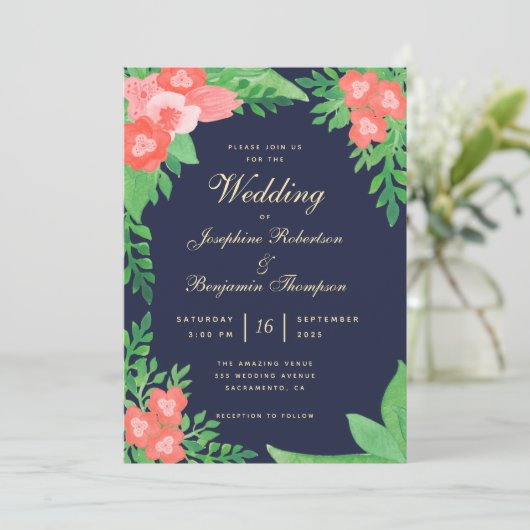 Koraal, Groen & Navy Blauw Waterverf Bloemen Huwel Kaart (Staand voorkant)