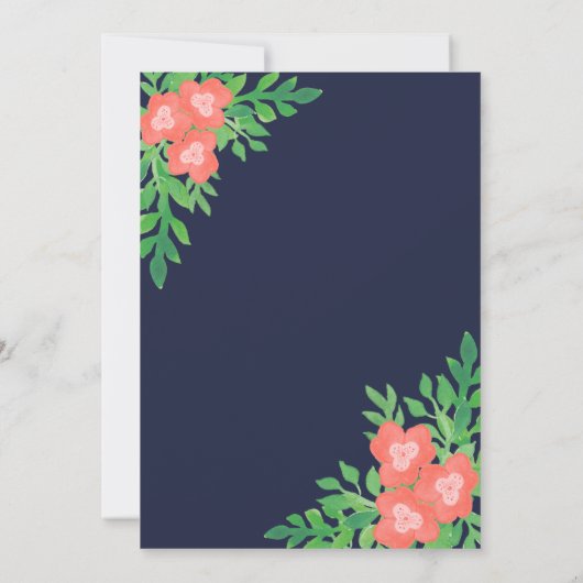 Koraal, Groen & Navy Blauw Waterverf Bloemen Huwel Kaart (Achterkant)