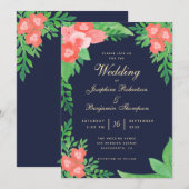 Koraal, Groen & Navy Blauw Waterverf Bloemen Huwel Kaart (Voorkant / Achterkant)