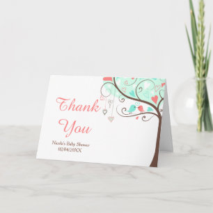Koraal & Groene Bloemrijke Vogel Baby Shower Bedan Bedankkaart